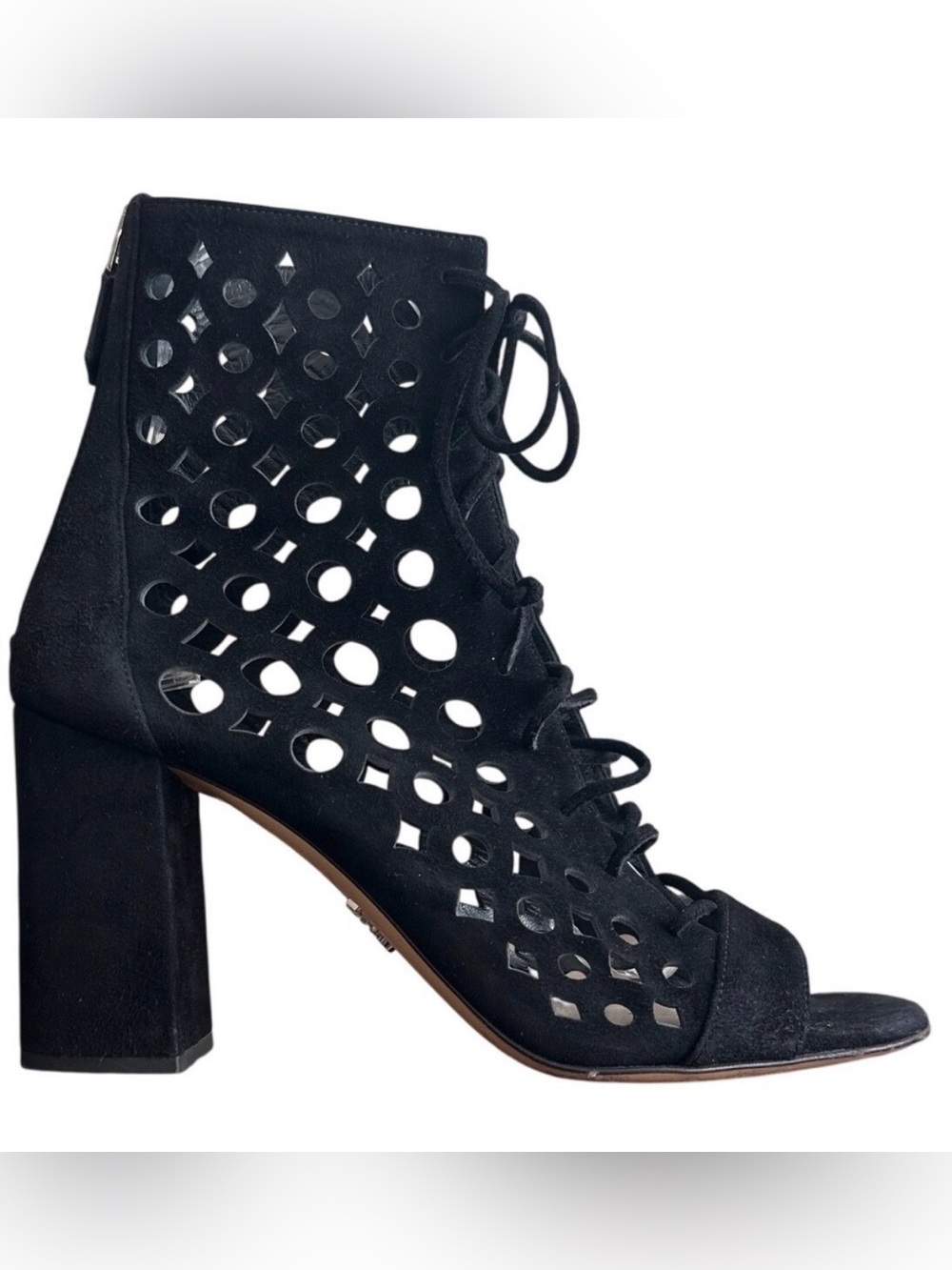 Prada Black Suede Laser Cut Lace Up Peep Toe Cage Booties EU 37